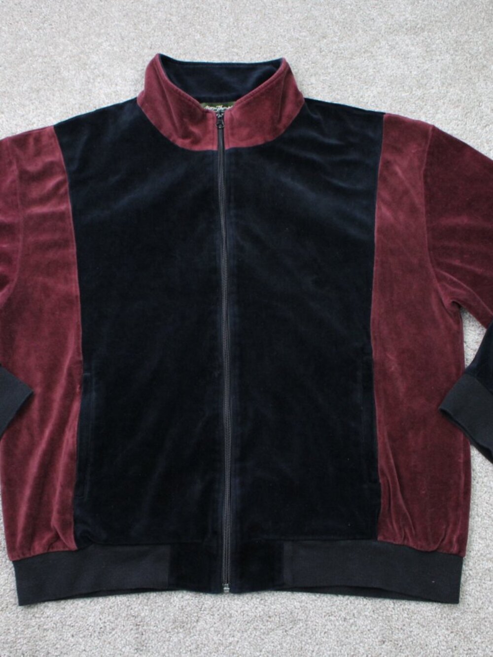 VTG Norm Thompson Velour Track Jacket Mens Medium Black/Purple Full Zip Fleece